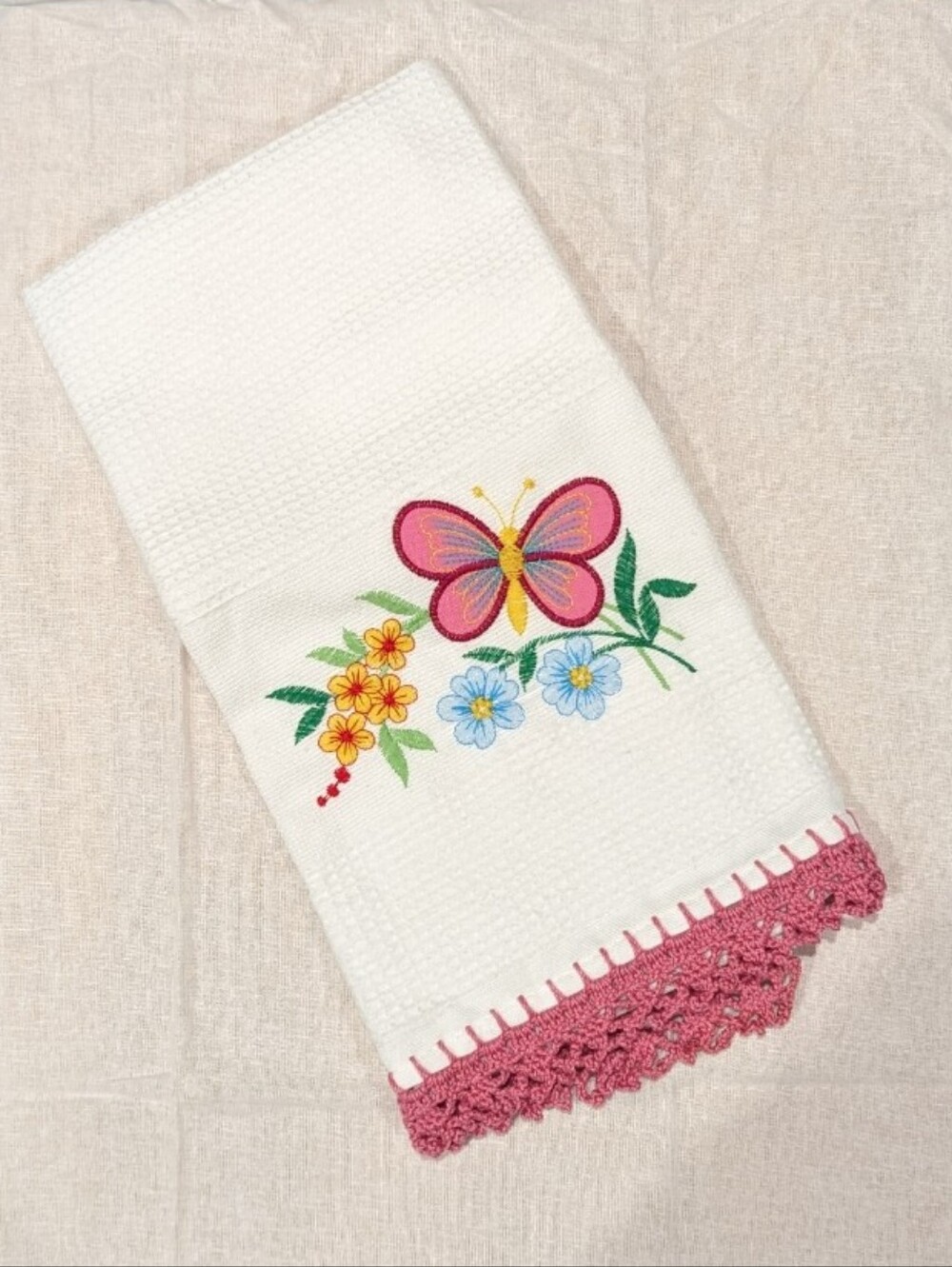 Embroidered Butterfly Cotton Towel with Pink Crochet Edge 19x27